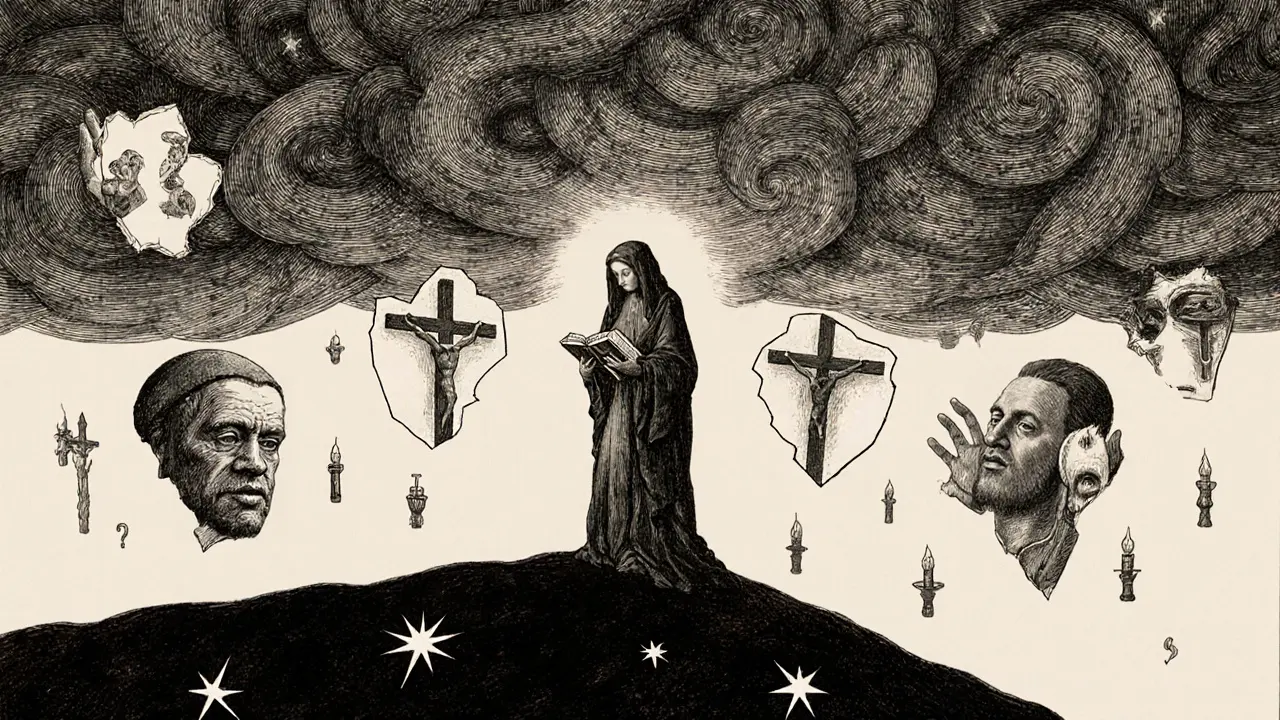 Osamělá postava stojí na kraji temné propasti, kolem ní plavou rozbité náboženské ikony ve tmě.