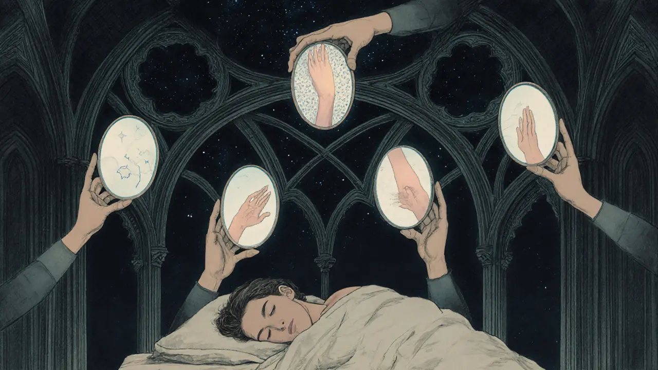Osoba leží v posteli, nad ní se objevují zářící zrcadla s chvílemi odvahy.