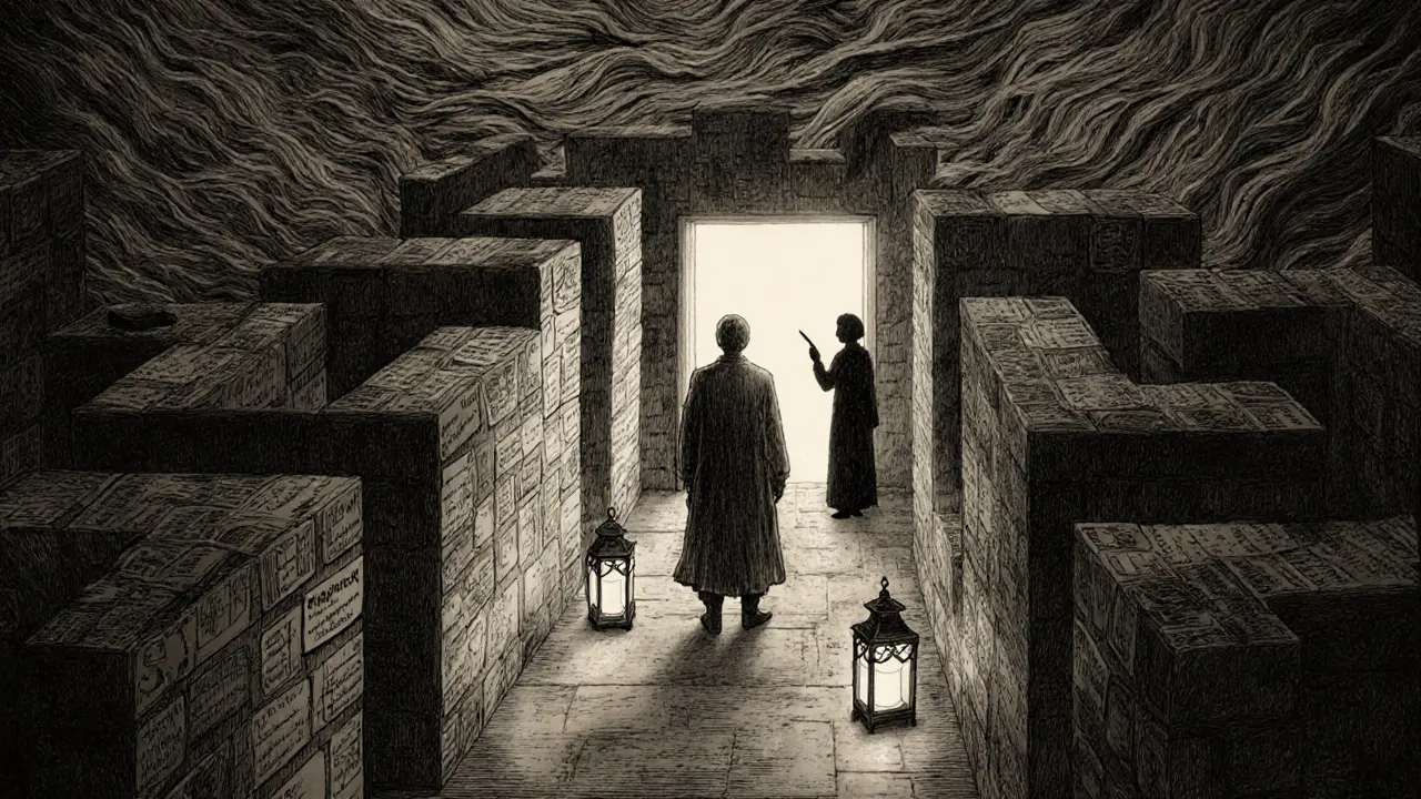 Osoba stojí na prahu své vnitřní bludiště, kde jasná cesta vede k útěchě pomocí praktických nástrojů.