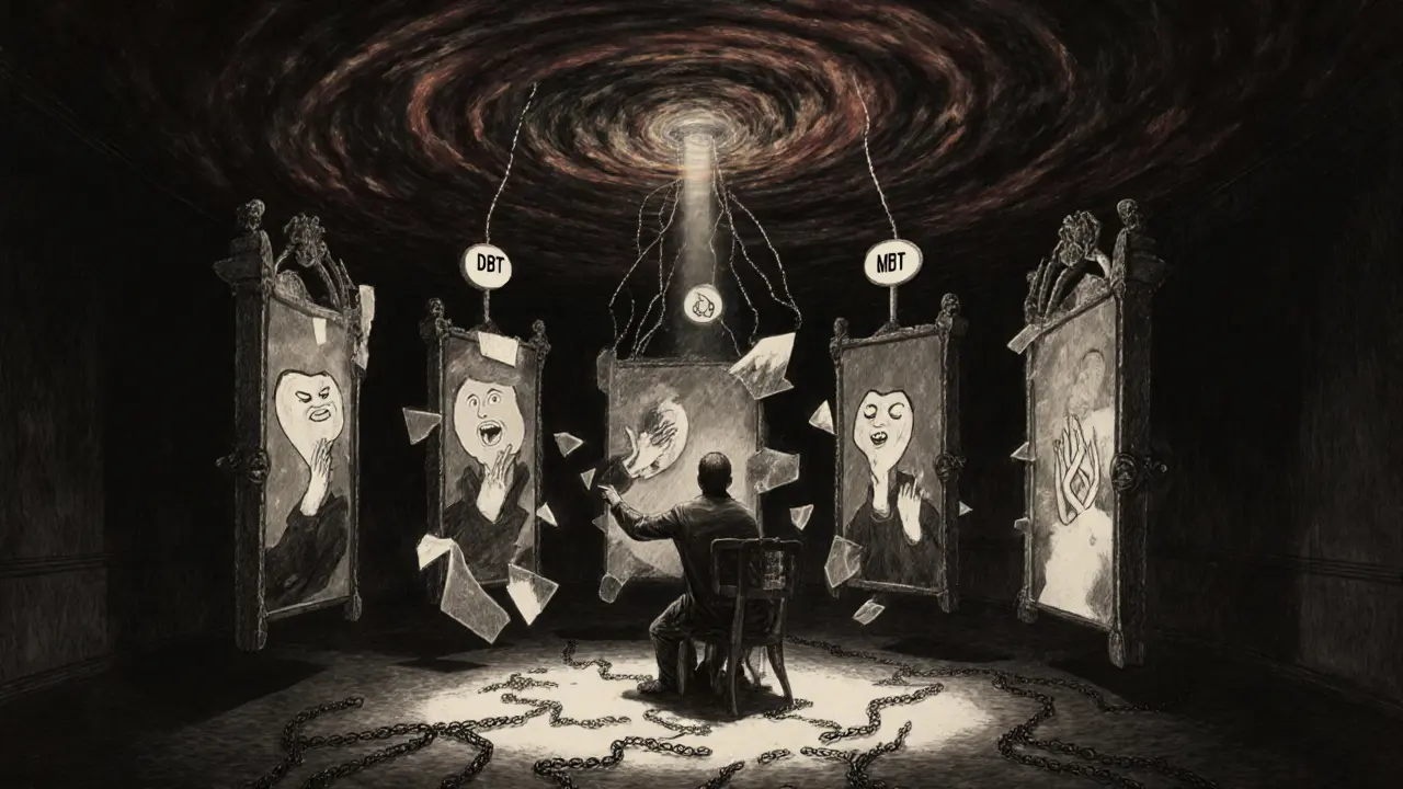 Pacient v terapeutické místnosti, obklopený zrcadly odrazujícími různé emoce, s terapeutem ukazujícím na jedno z nich.