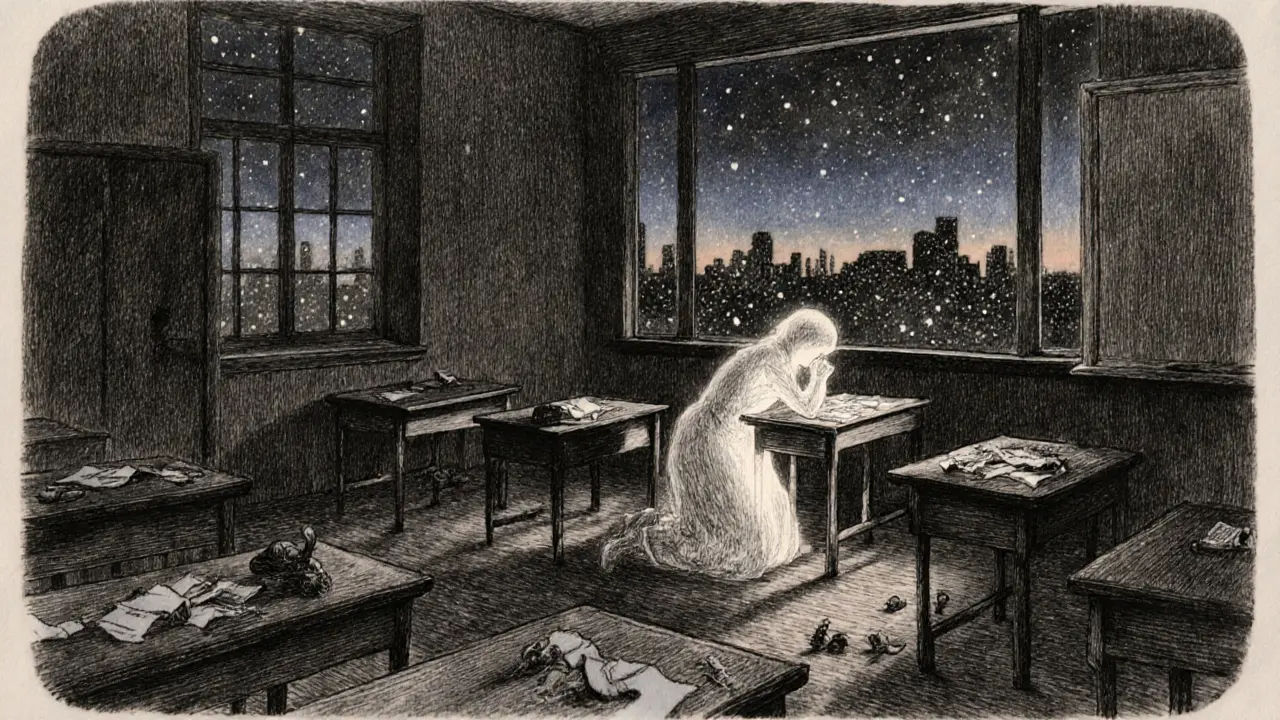 Prázdná třída, průhledná postava poradce šeptá neviditelnému dítěti, světlo v tmu.