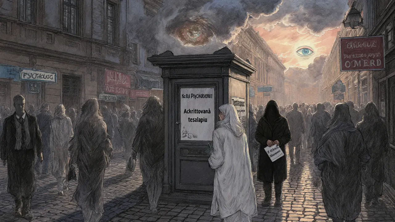 Pražská ulice s lidmi a neviditelnými tíhou, kde jedna žena stojí před dveřmi s akreditací terapie.