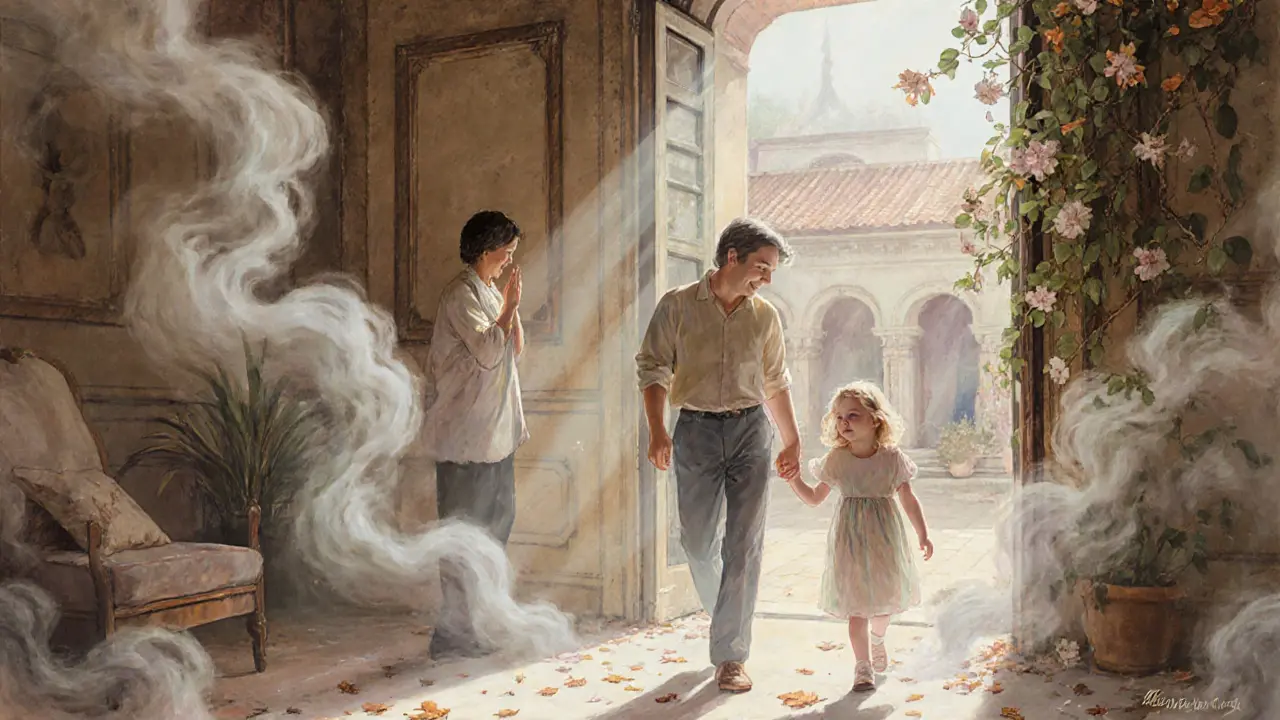 Rodina opouští terapii, rodič a dítě drží ruce, symbolizujíce zlepšení vztahu.