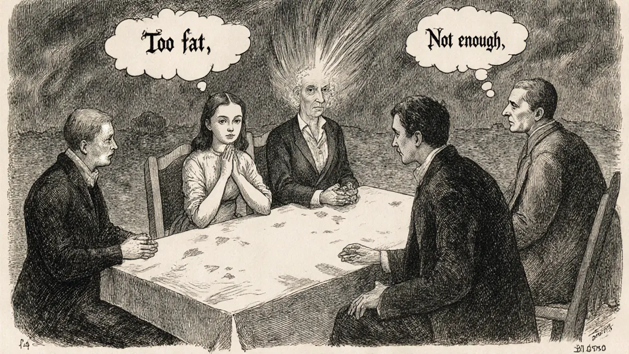 Rodina u prázdného stolu, terapeut se snaží dosáhnout na dívku, nad nimi se vynořují hlasité myšlenky.