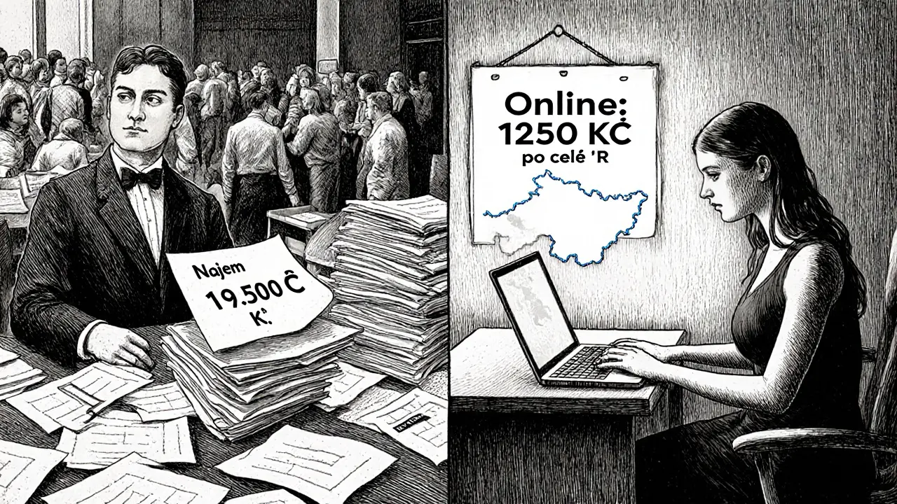 Rozdělený scénář: Pražská kancelář vs. regionální online terapie, styl Gustave Dorého.