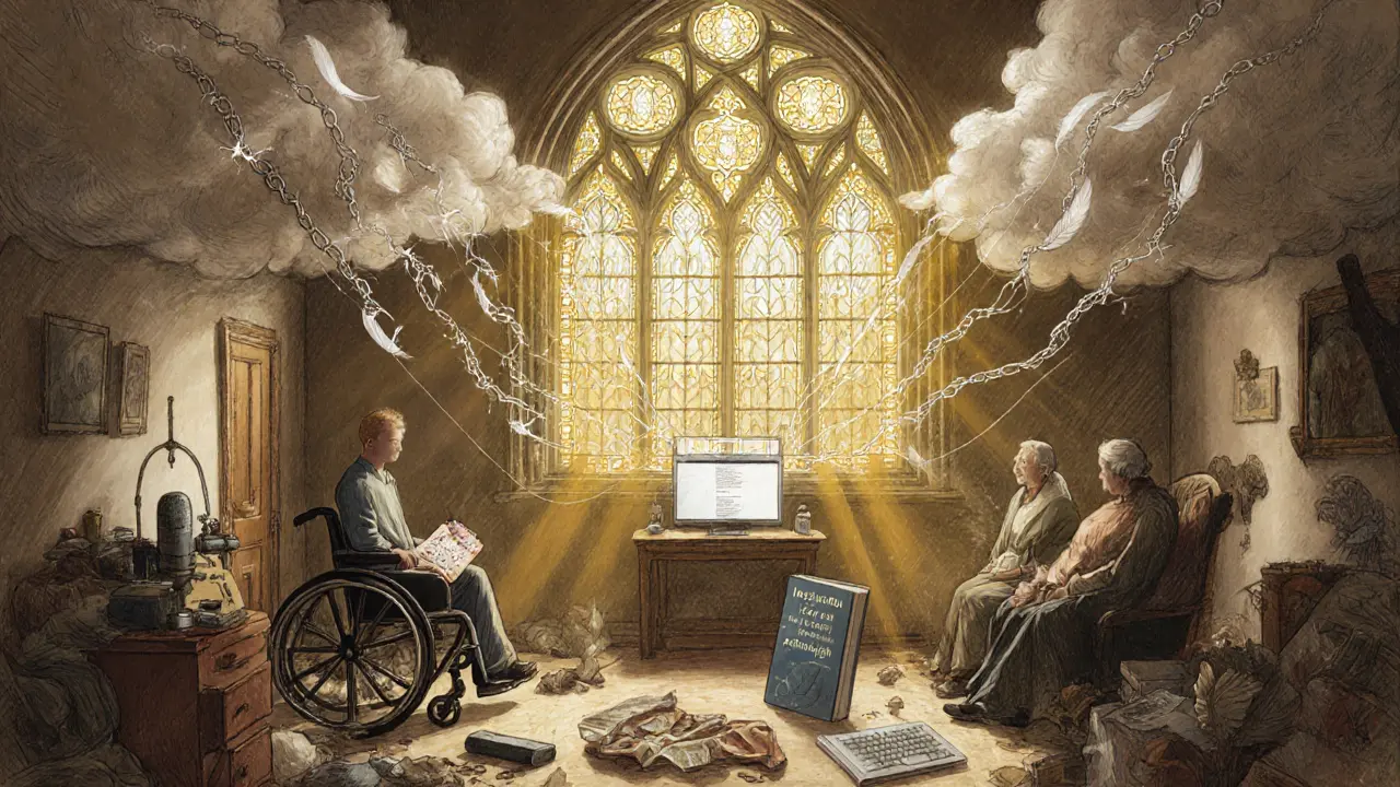 Různí klienti jsou spojeni s terapeutem skrze zářivou online platformu, symbolizující inkluzi a přístupnost.