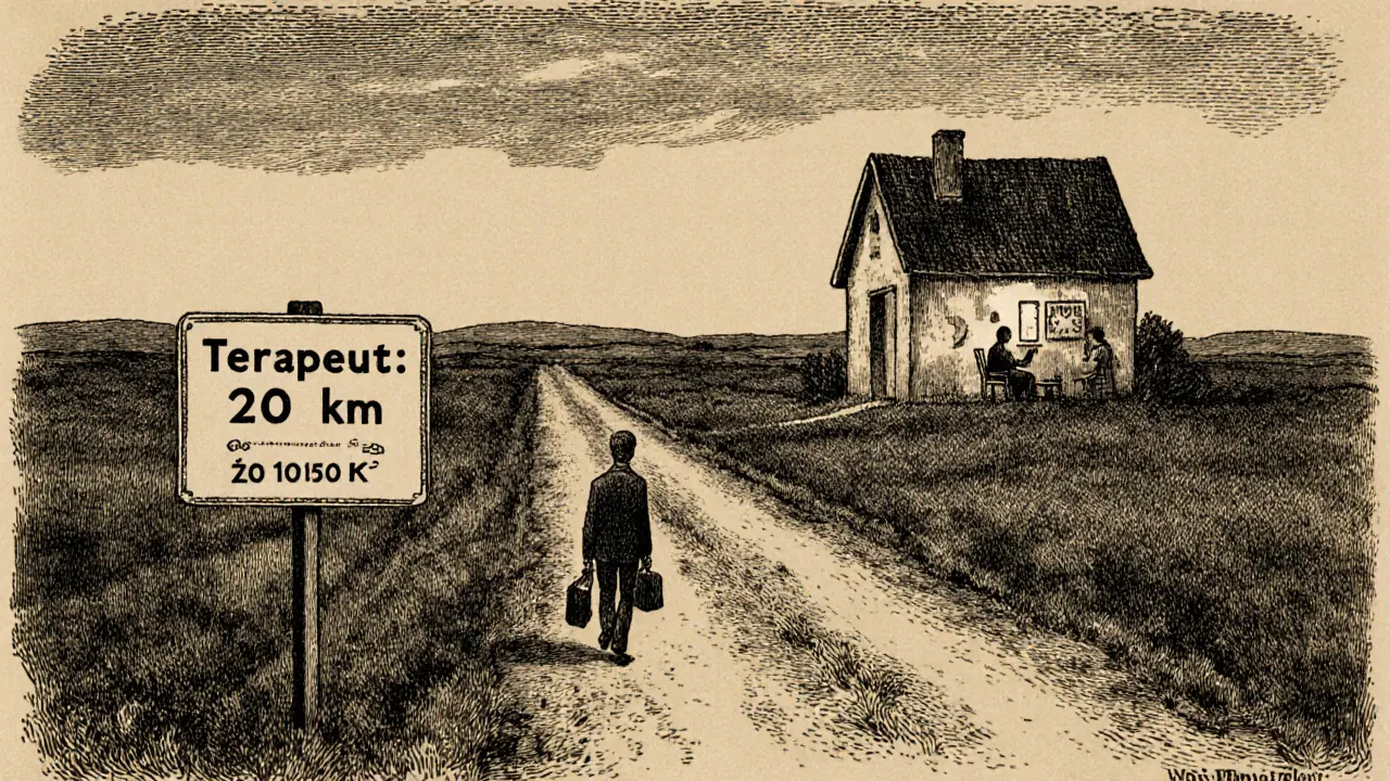 Samotný terapeut v malé vesnici s hodinami ukazujícími 60 minut, styl Gustave Dorého.