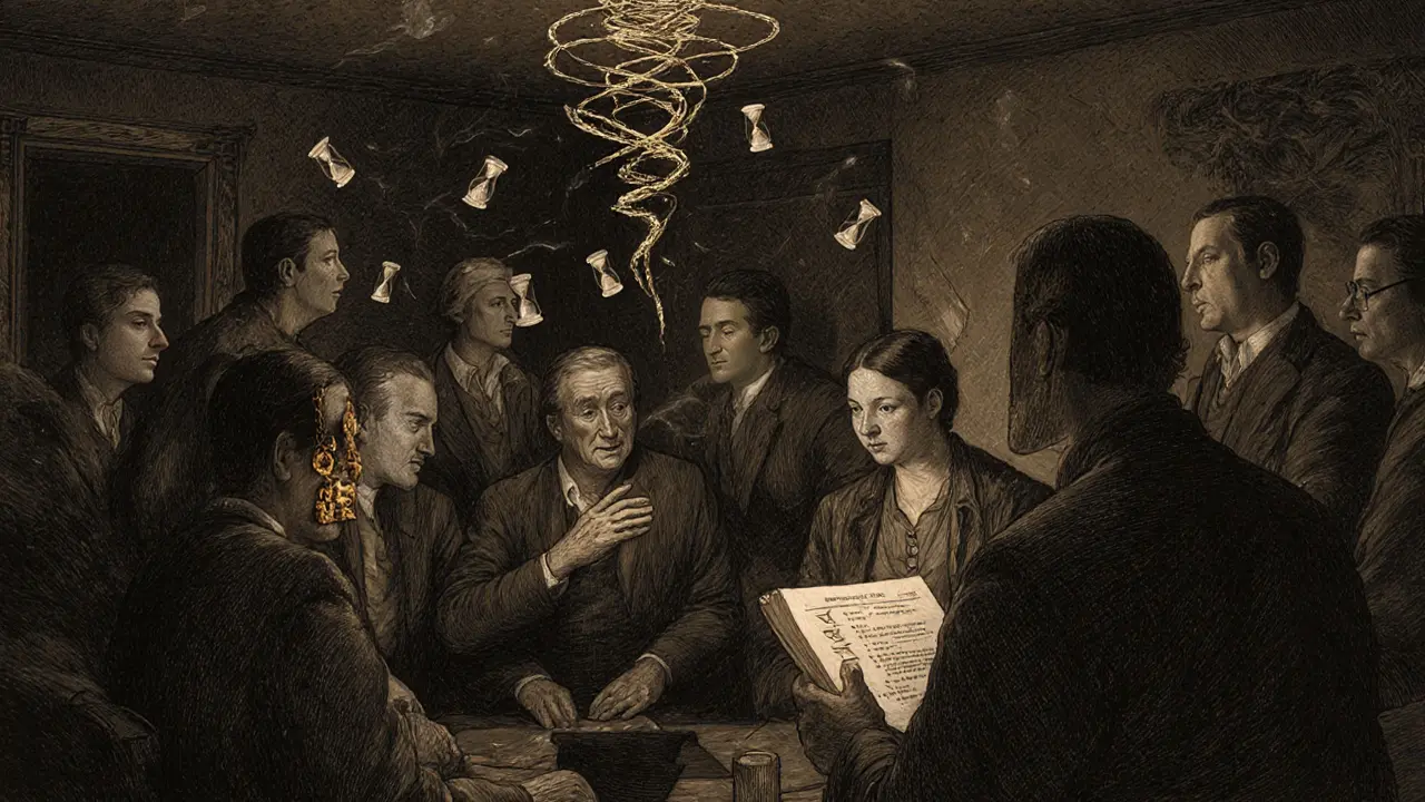 Skupina dospělých s ADHD ve společné terapii, propojená zlatými nitmi porozumění a podpory.