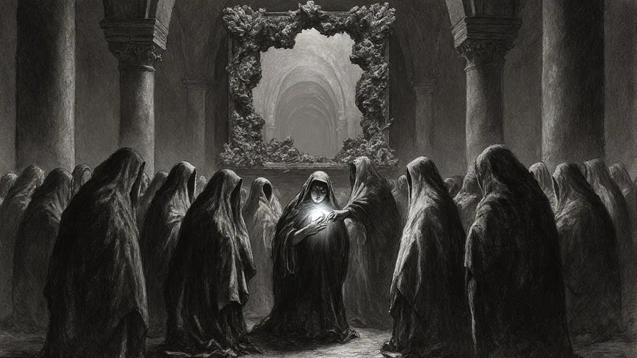 Skupina lidí v temné síni, jedna žena se dotýká svého srdce, zatímco zrcadlo odrazuje prázdné prostory.