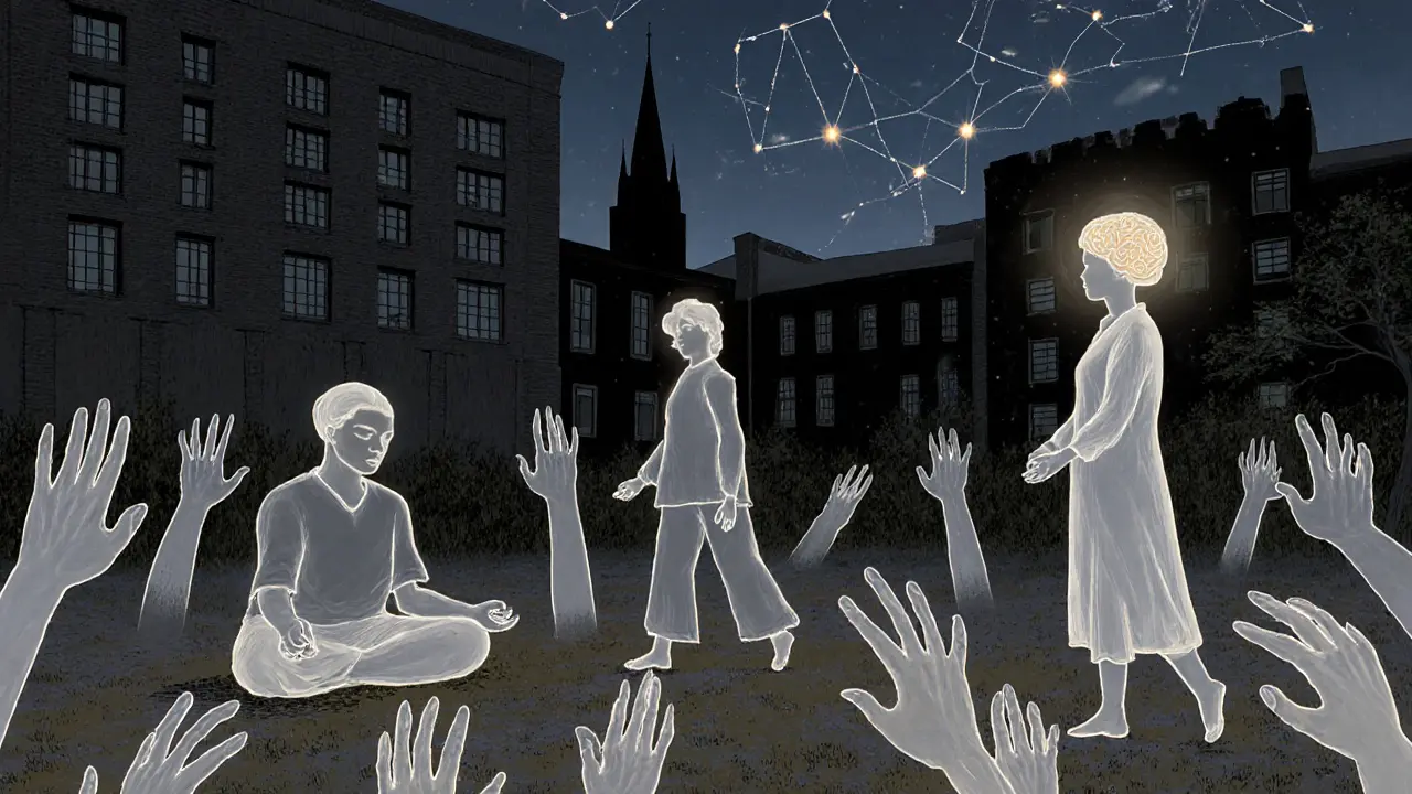 Skupina lidí v zahradě léčebny: jeden dělá jógu, druhý chodí, třetí se dívá na hvězdy.