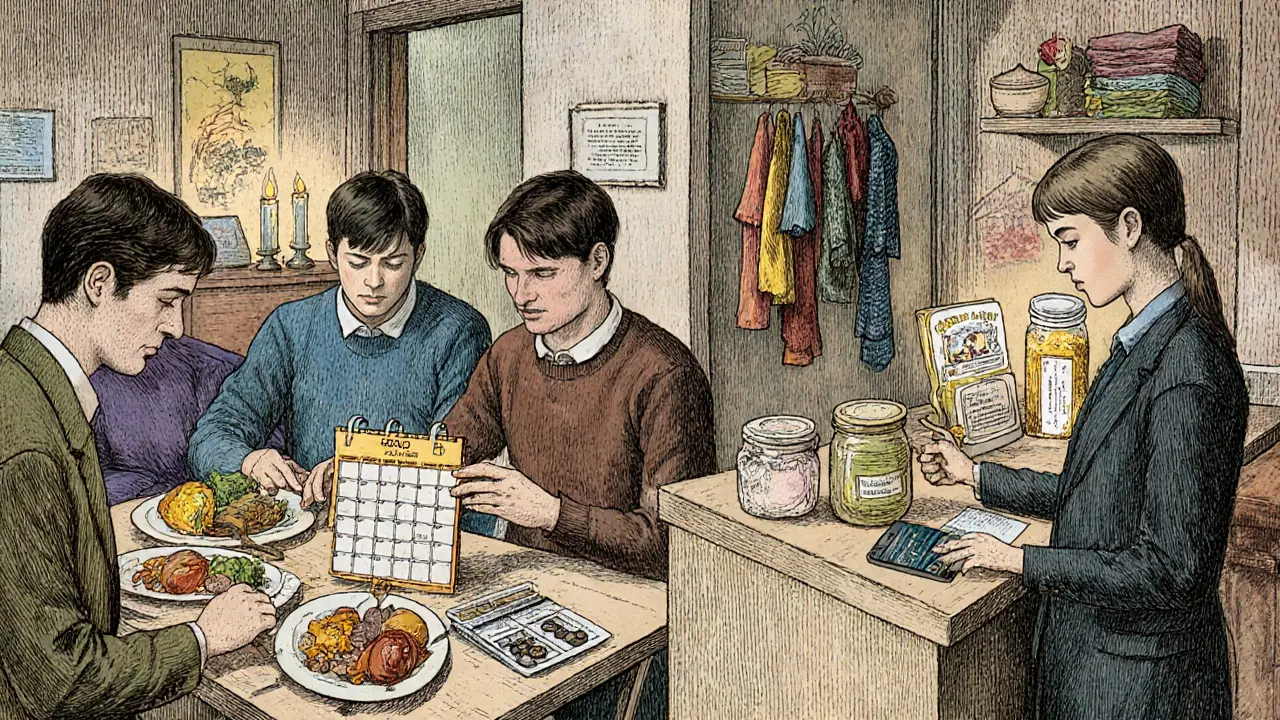 Skupina mladých dospělých s PAS připravuje jídlo podle barevného plánu v bytě, mentor pozoruje tichým pohledem.