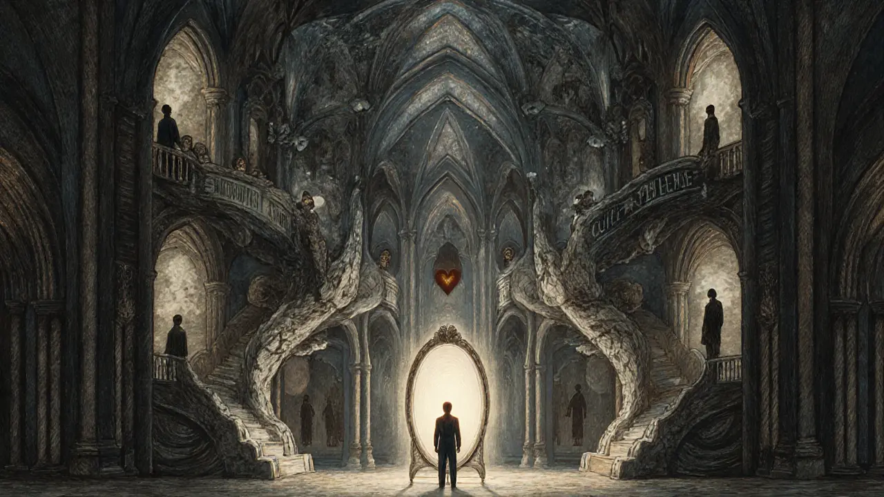 Symbolický chrám lidské psychiky s architekturou z emocí a vzpomínek, ve středu otevřené srdce.