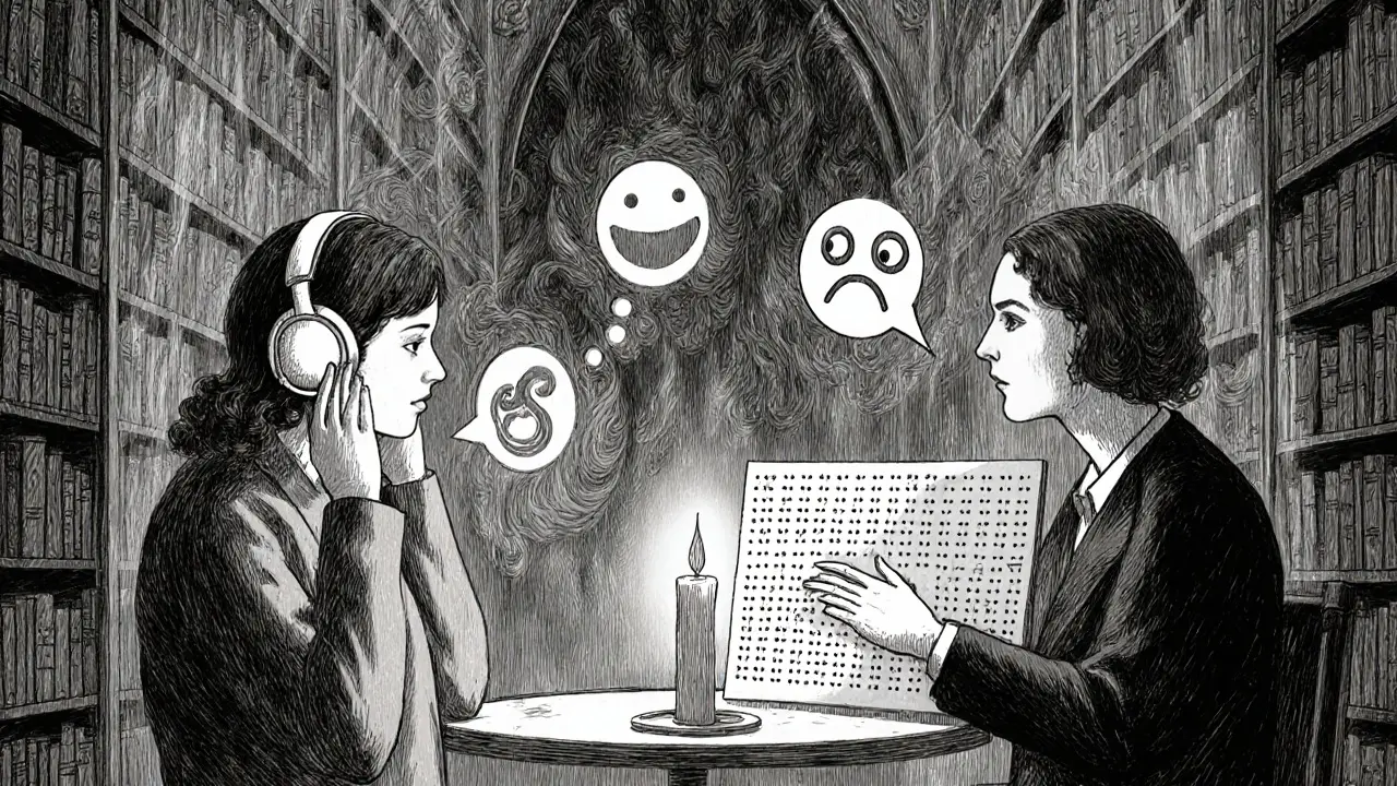 Terapeut a klient komunikují skrze textové a Braillovy symboly, zatímco emoce se objevují jako stínové tváře.