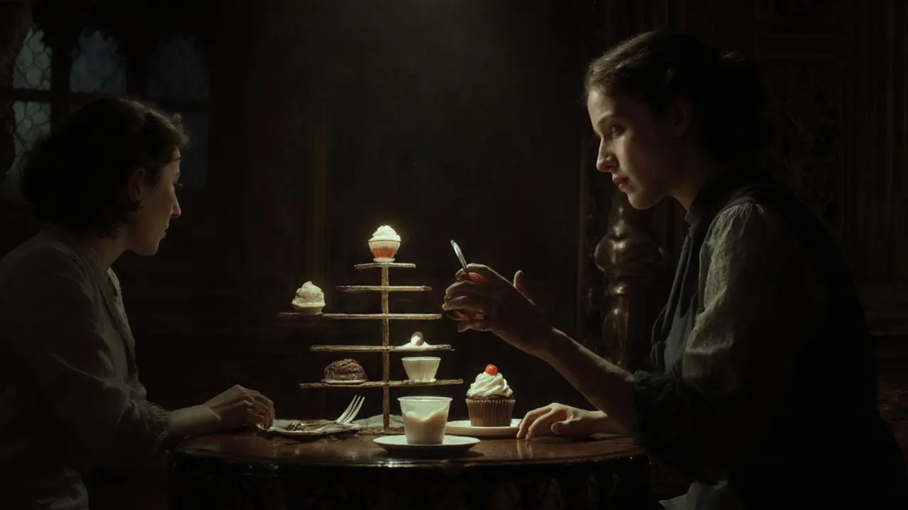 Terapeut a klient sedí u stolu, kolem nich je hierarchie strašidelných potravin osvětlená tajemným světlem.