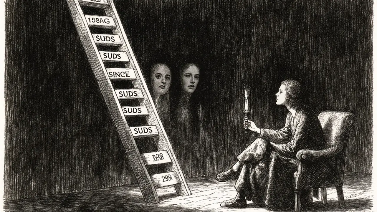 Terapeut a klient sledují žebřík strachu, kde klient dosahuje vrcholu svého boje.