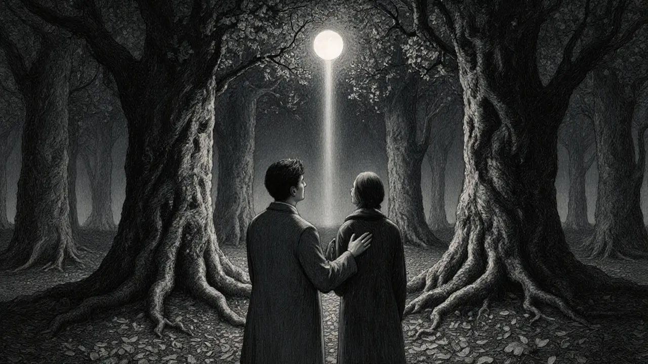 Terapeut a klient v lese při měsíčním světle, světlo prosvítá stromy, atmosféra klidu a úcty.