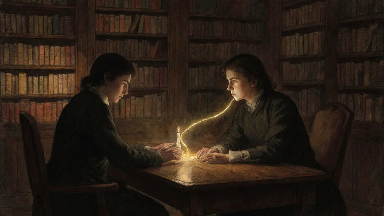 Terapeut a pacient u stolu, zlatá nit spojuje jejich ruce v temné knihovně, jedna slza na tváři.