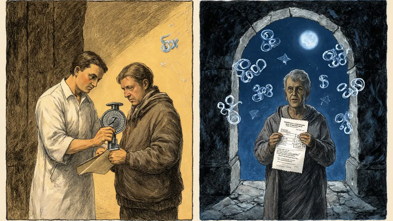 Terapeut měří sílu pacienta v teplém světle, zatímco druhý pacient hledí na drahý účet v chladném světle.