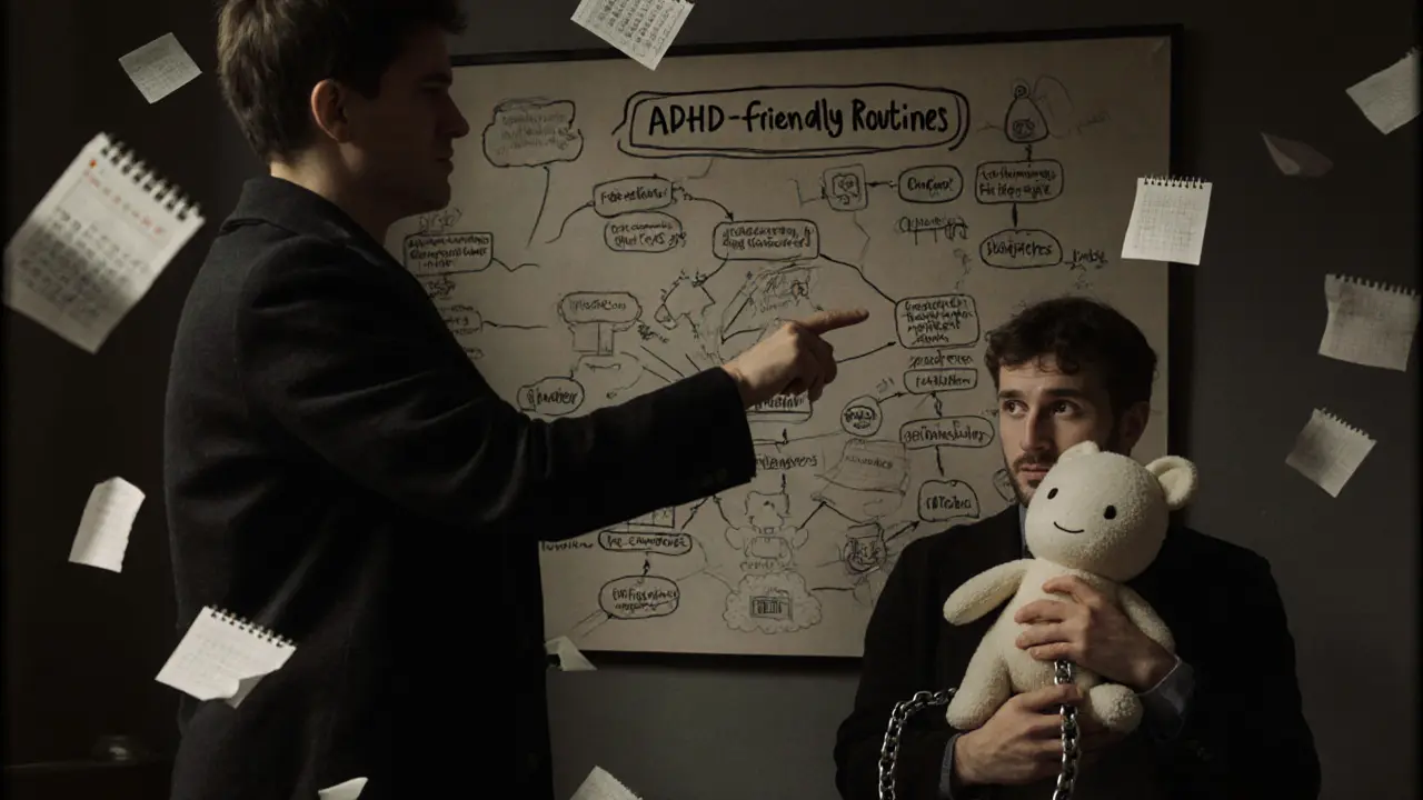 Terapeut ukazuje na stěnu s náčrty rutin, zatímco osoba drží zátěžového plyšáka v temné místnosti.