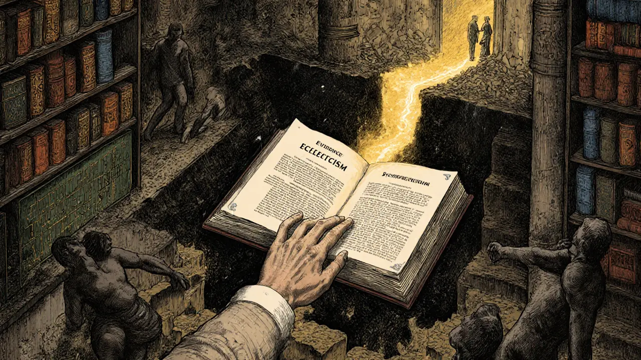 Terapeut vede klienta po zlaté cestě z knihoven terapeutických směrů, zatímco jiní padají do propasti.