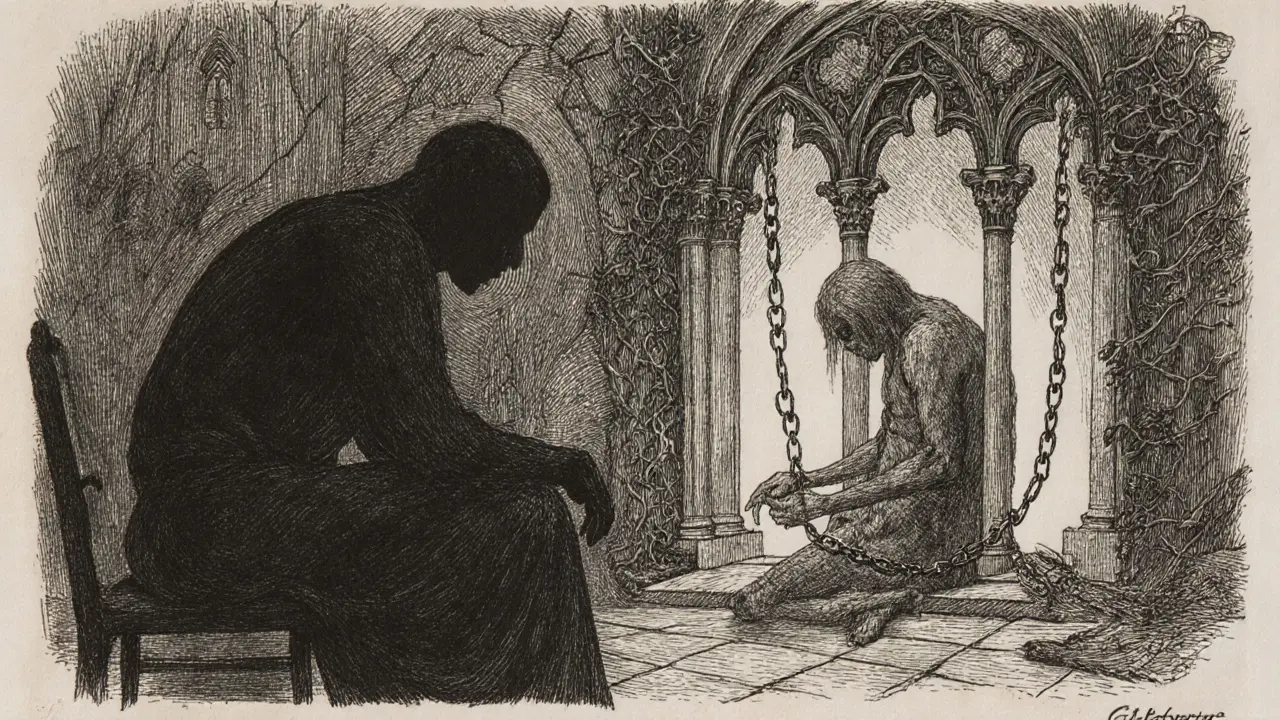 Terapeutická sezení: jedna osoba se uvolňuje z řetězů, zatímco druhá je pohlcena těžkými stíny.