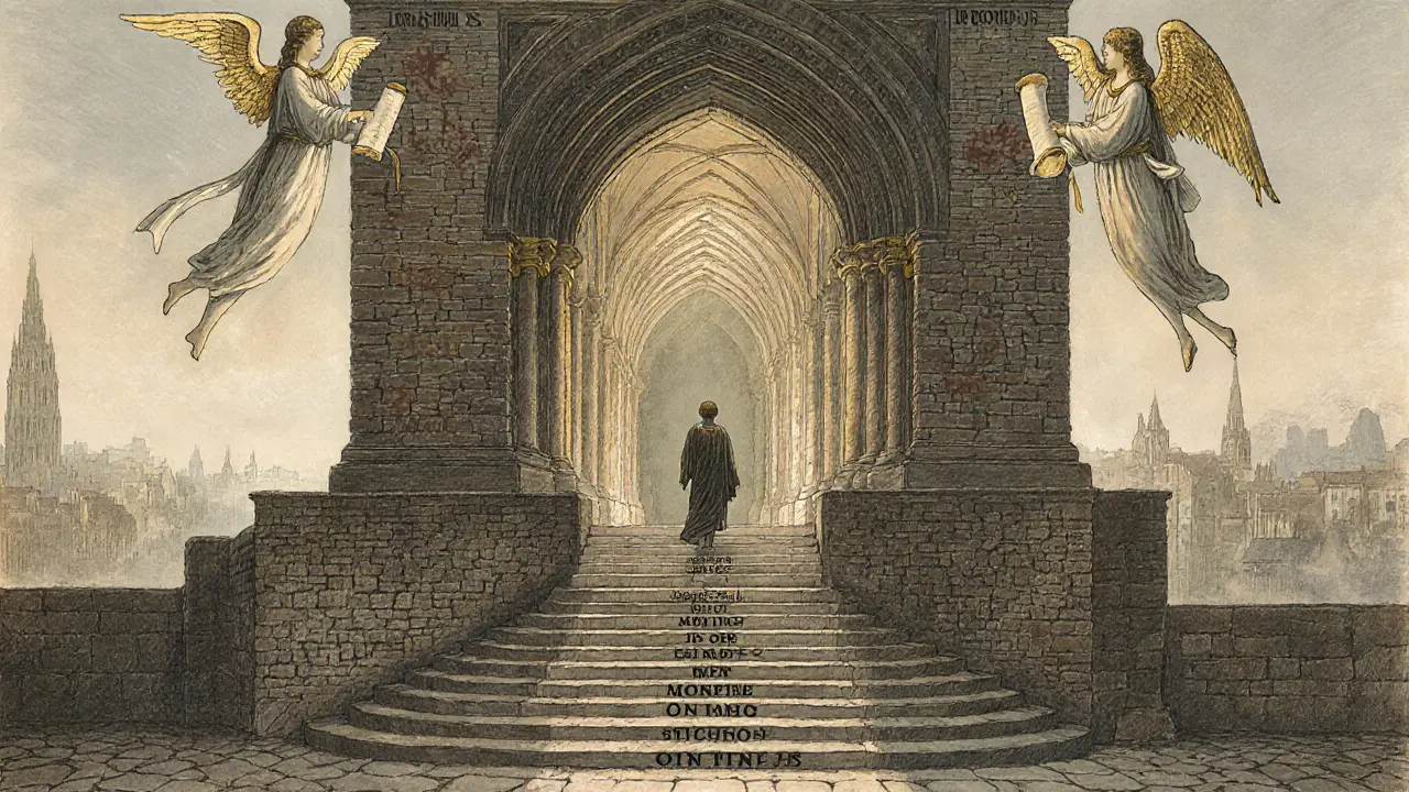 Třístupňová architektura terapie: základ, stěny a katedrála, s postavou stoupající po schodech pod vedením anělů.