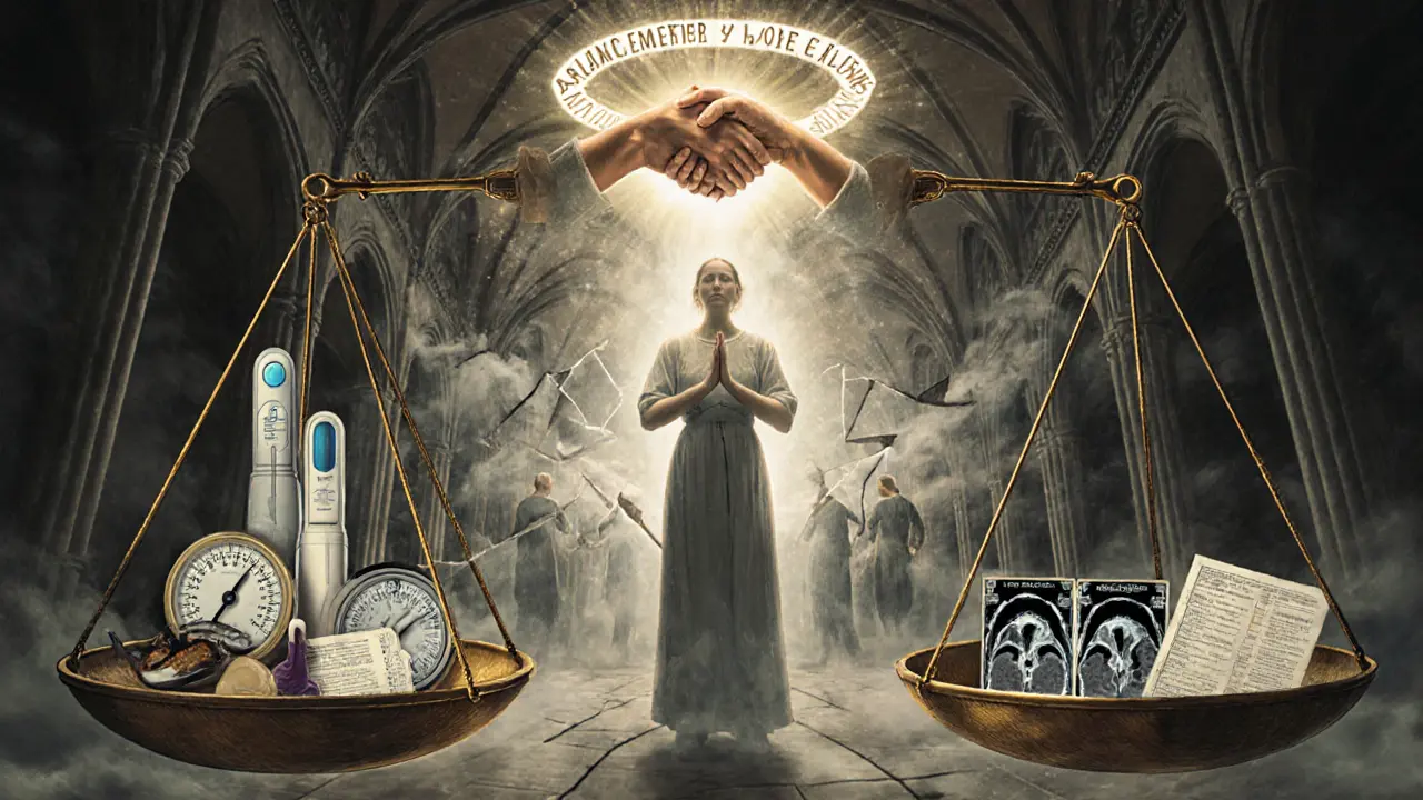 Váha mezi klinickými nástroji a lidským spojením, terapeut v centru, kolem něj září nespecifické faktory účinnosti.