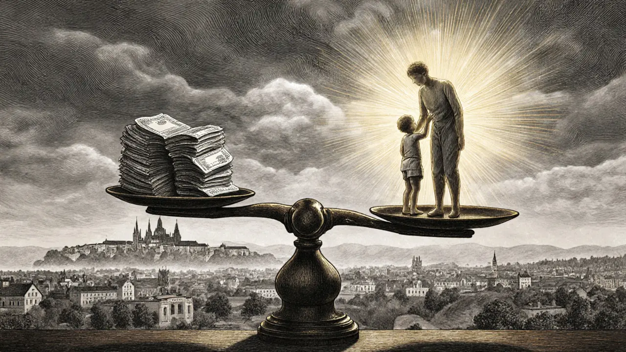 Váha s účty na jedné straně a živoucí, bezbolestně se pohybující osobou na druhé, nad českou krajinou.