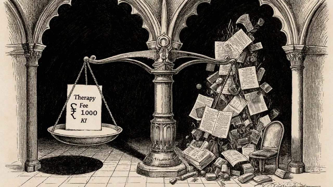 Váha ukazuje cenu sezení proti skrytým nákladům terapeuta: supervize, nájem, pojištění.