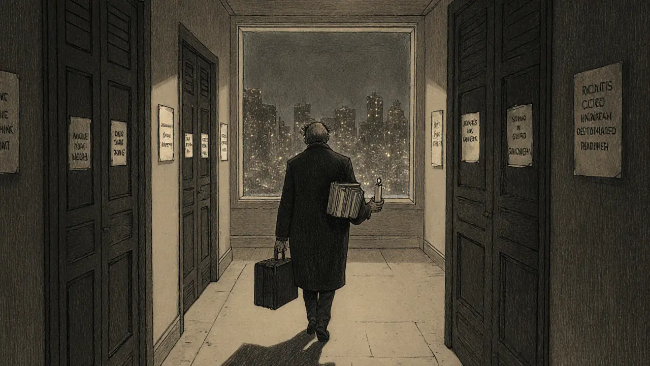 Vyčerpaný terapeut prochází prázdným chodbou s dveřmi označenými jmény klientů.