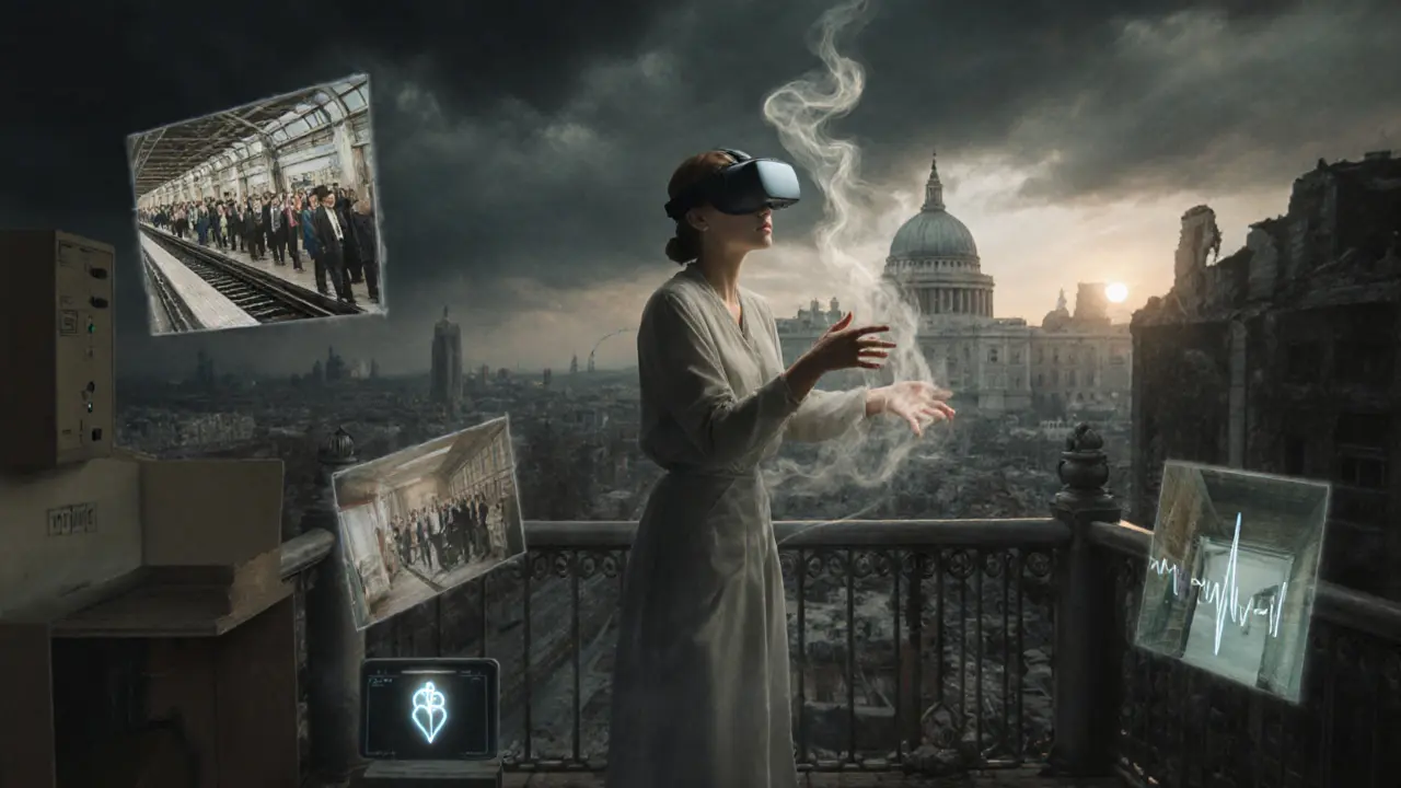 Žena ve virtuální realitě stojí na mostě, obklopená iluzemi svých strachů, ale zůstává.