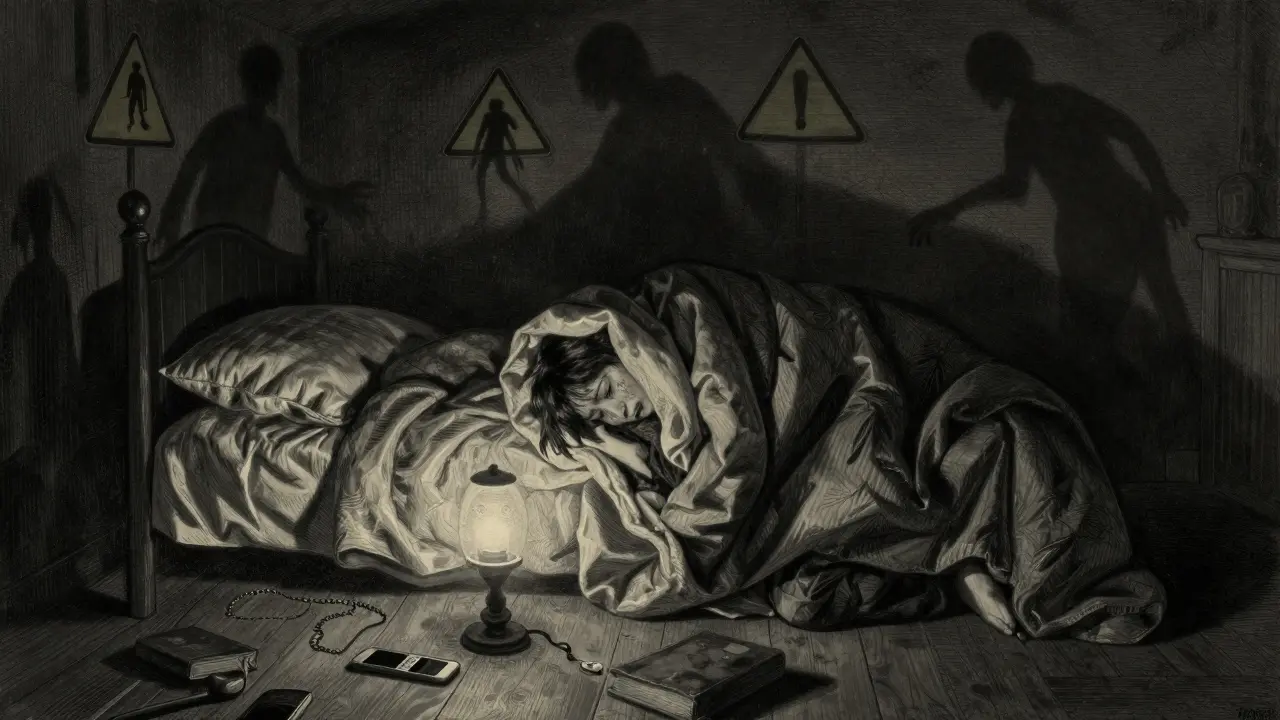 Bedroom with scattered personal items, a crying teen under a blanket, and haunting silhouettes on the walls.