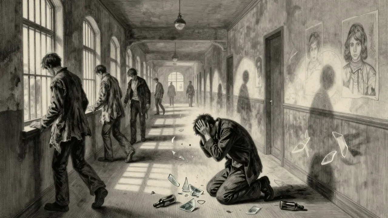 Délkový pohled na chodbu psychiatrické nemocnice s postiženými pacienty a stínovými symboly závislosti.