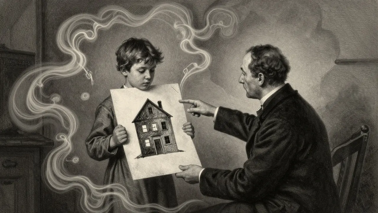 Dítě drží temný kreslený obrázek, terapeut ho respektuje bez tlaku, kolem nich se vznášejí ochranné stíny.