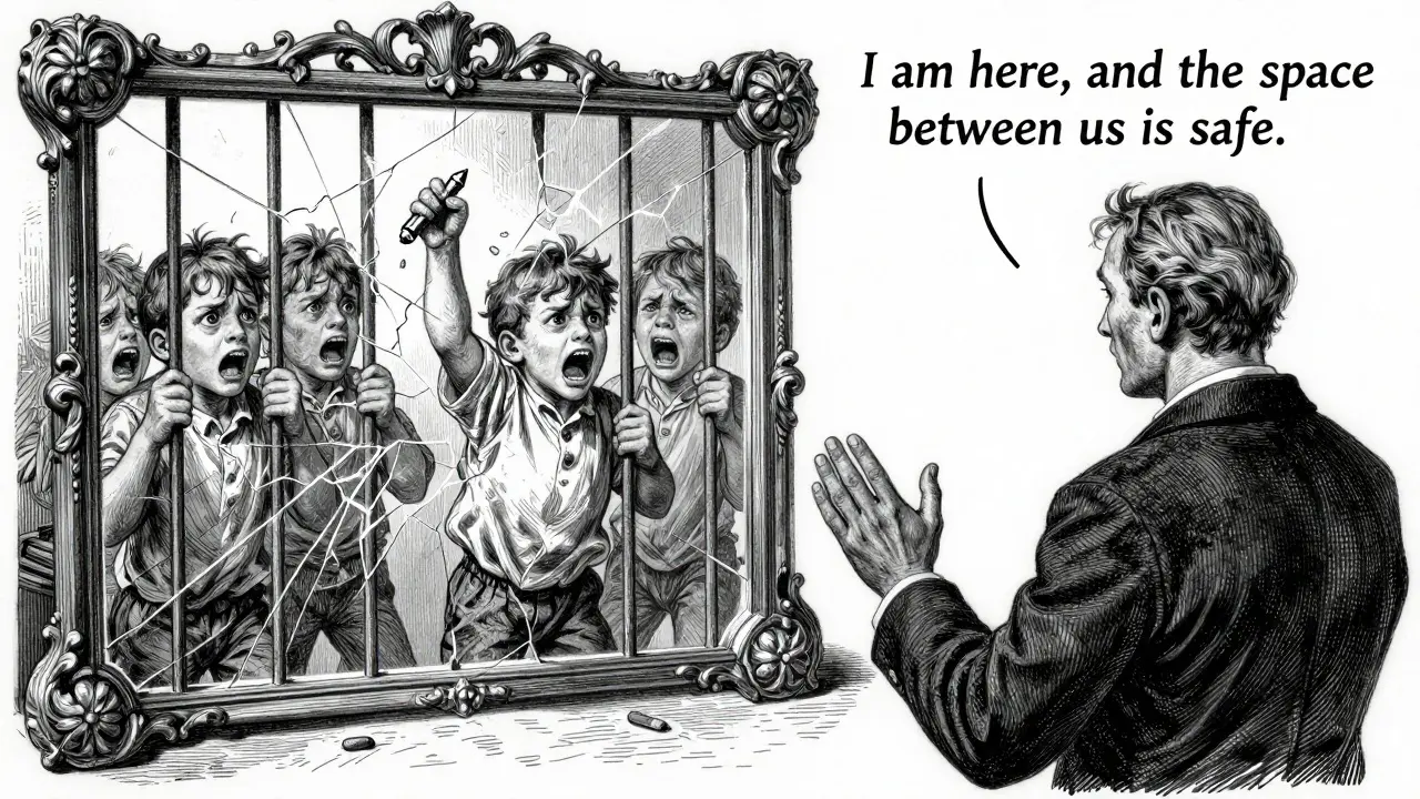 Dítě háže pastelku, terapeut stojí pevně, kolem nich se odrážejí různé verze dítěte v kovových prutech.