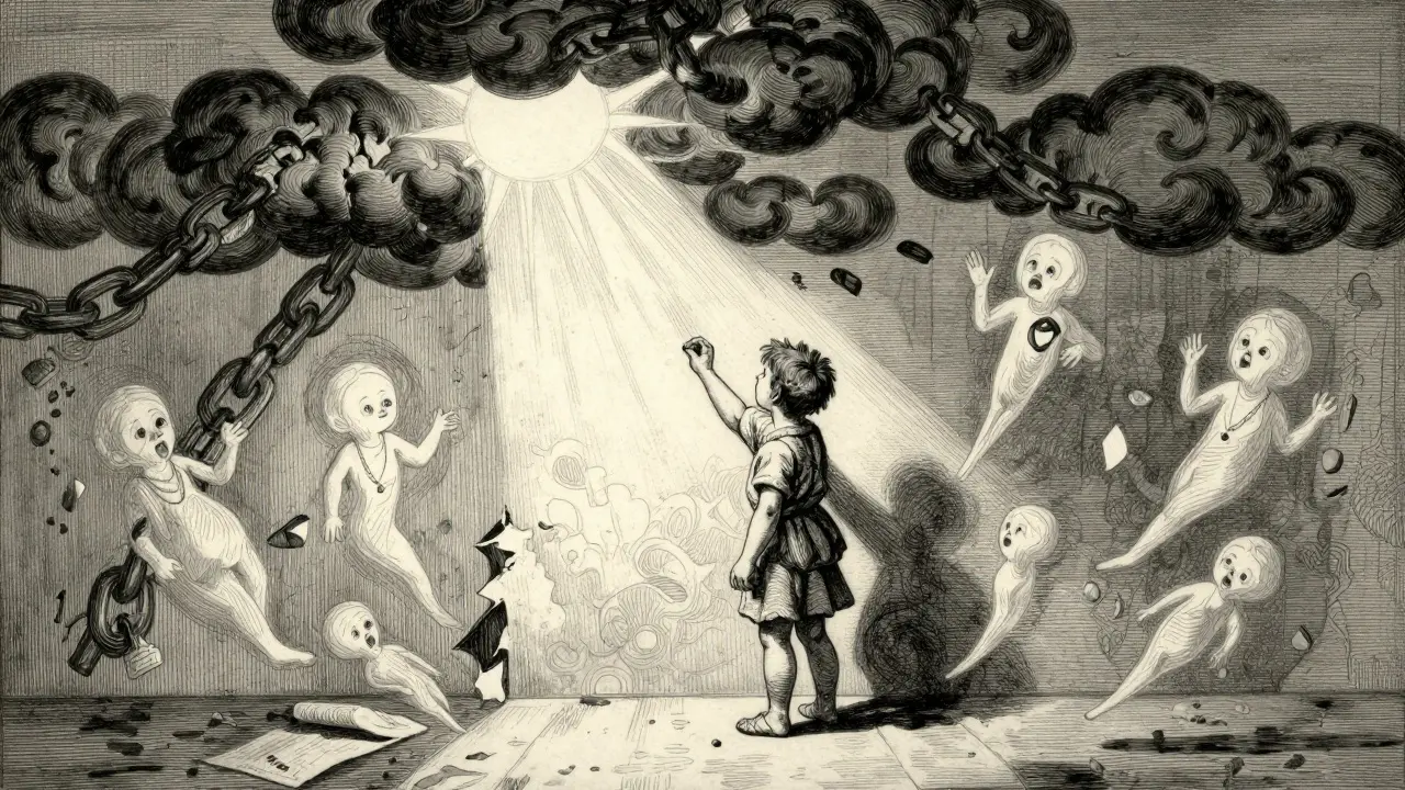 Dítě přidává slunce a ruku k řadě temných kreseb na zdi, stíny se mění v světlo.