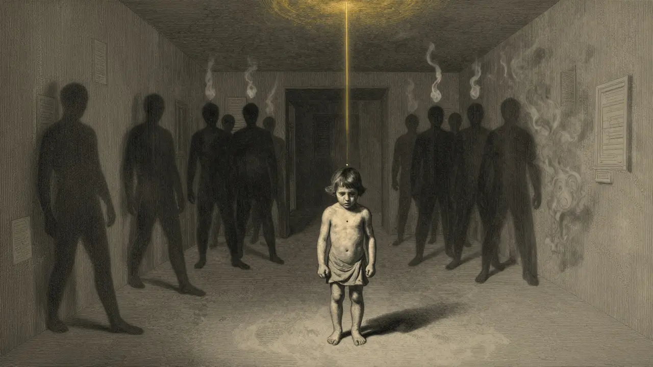 Dítě stojí v prázdném chodbě, tělo napjaté, zatímco zlatá nit spojuje jeho hrudník s nebi, symbolizující tělesné vyjádření traumatu.