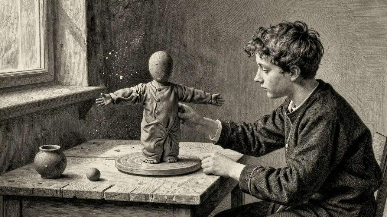 Dítě tvaruje plastelínovou postavičku vedle terapeuta, kteří sedí v tichém, osvětleném prostoru.