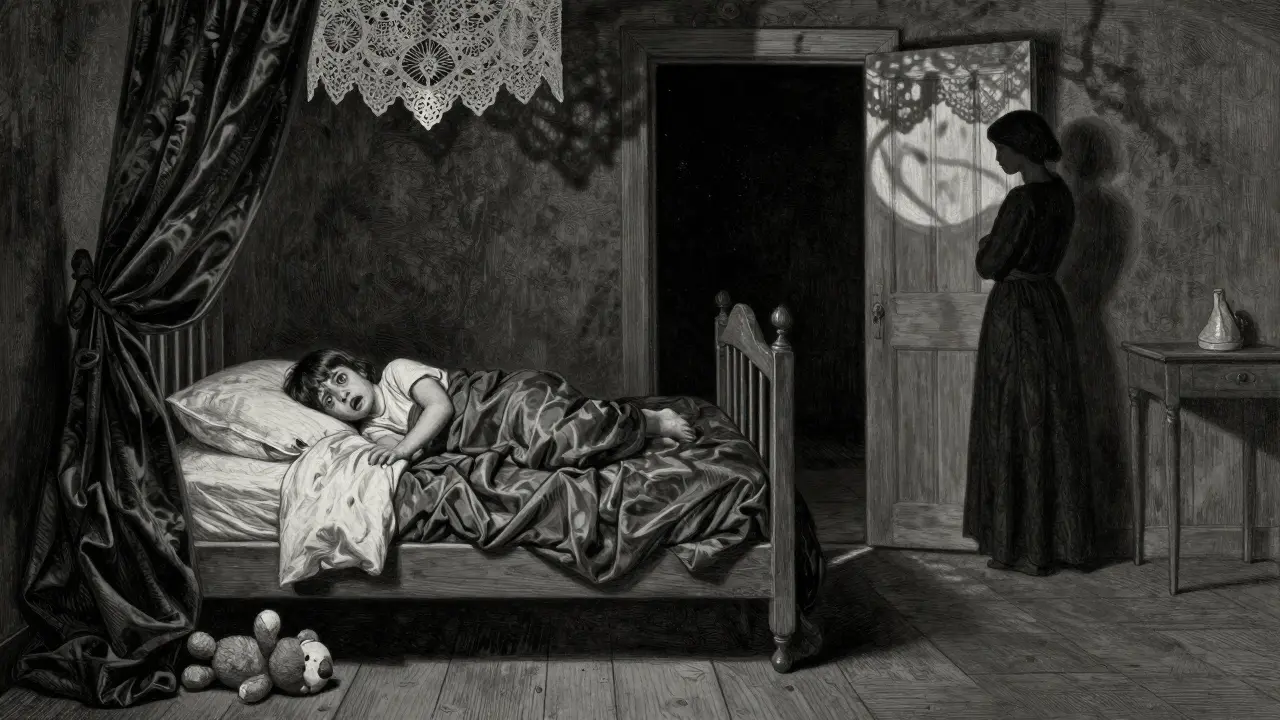 Dítě v posteli se dívá na otevřené dveře v temné místnosti, měsíční světlo osvětluje stíny.