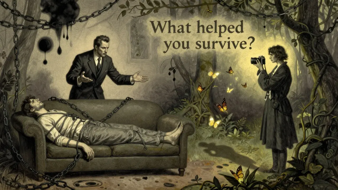 Dvě scény: jeden klient vázán příkazy, druhý drží fotoaparát, z jeho stínu vylétají motýli.