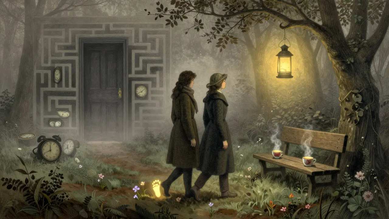 Dvojice kráčí lesem, každý krok zanechává květinu, za nimi zmizí kouzelný labyrint.