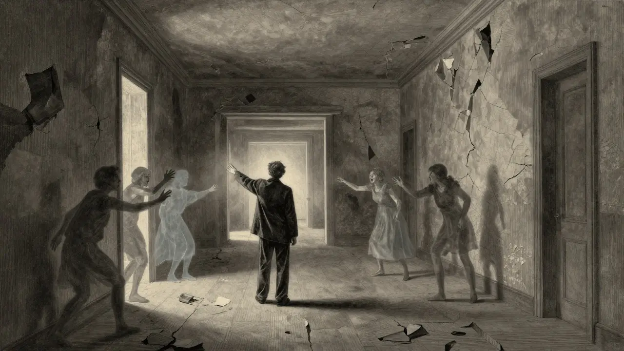 Jedna osoba táhne k světlu, zatímco duchy rodiny se vztahují zezadu.