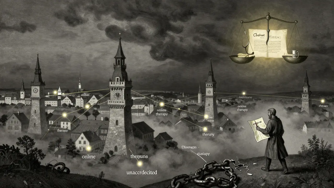 Kartografický výhled Česka s propojenými městy a jedním cestovatelem směřujícím k online terapii.