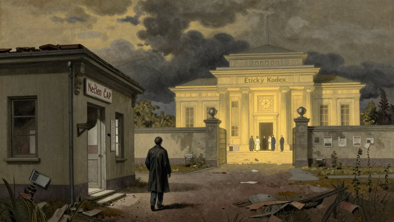 Klient opouští opuštěnou kancelář, zatímco v dálce stojí chrám etického kodexu.