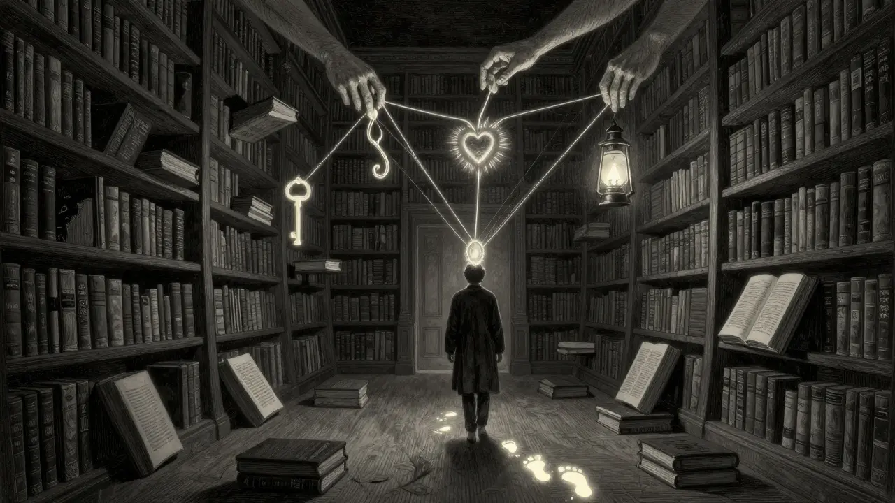 Klient prochází lebající knihovnou, kde každý krok odhaluje skrytou sílu ve formě zářícího symbolu.