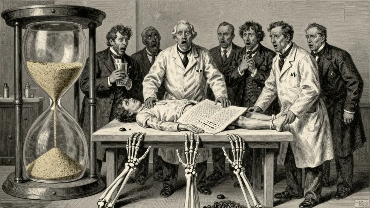 Lékaři pozorují chartu, zatímco přesahující ruce a přesypající písek symbolizují selhání elektrolytů.