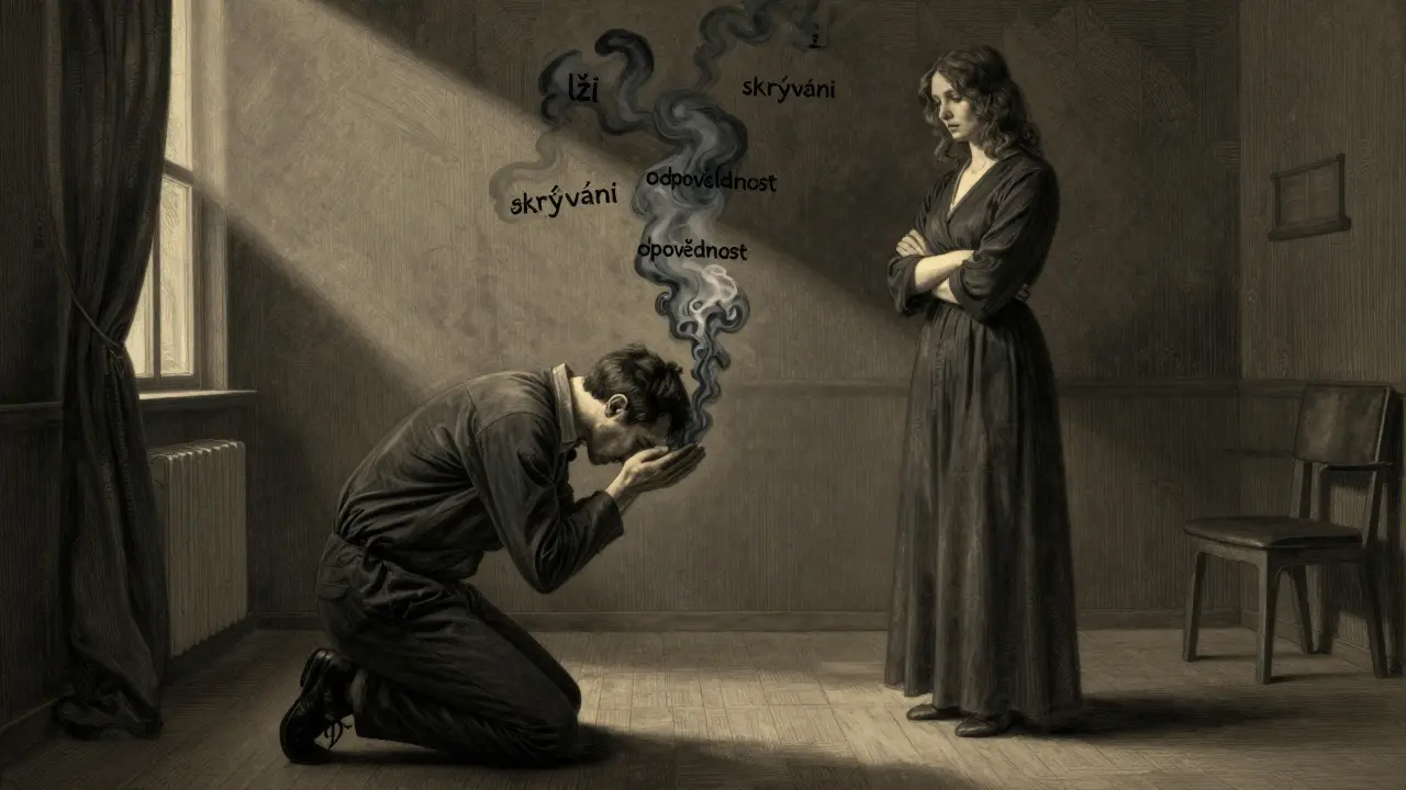 Muž se klaní ženě v temné terapeutické místnosti, z jeho rukou vystupují kouřové slova.