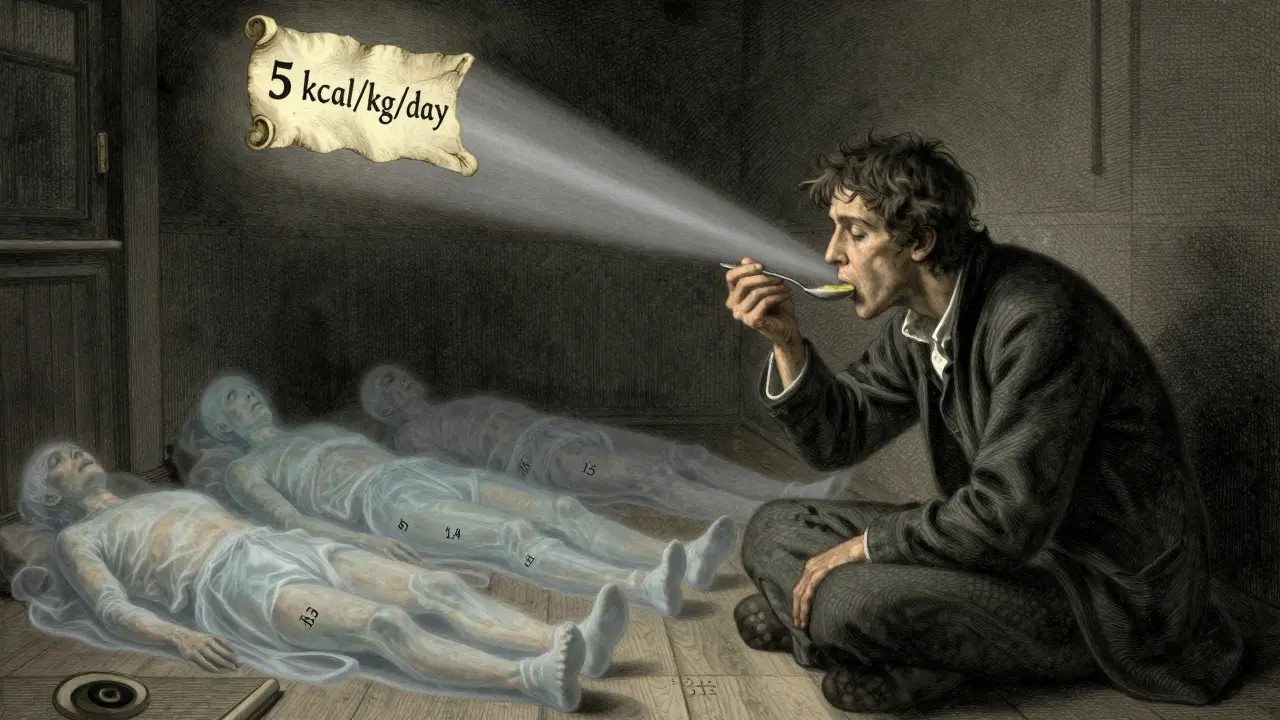 Osamělá osoba jí polévku, zatímco kolem ní leží stíny mrtvých pacientů, nad nimiž září pokyn pro pomalou výživu.