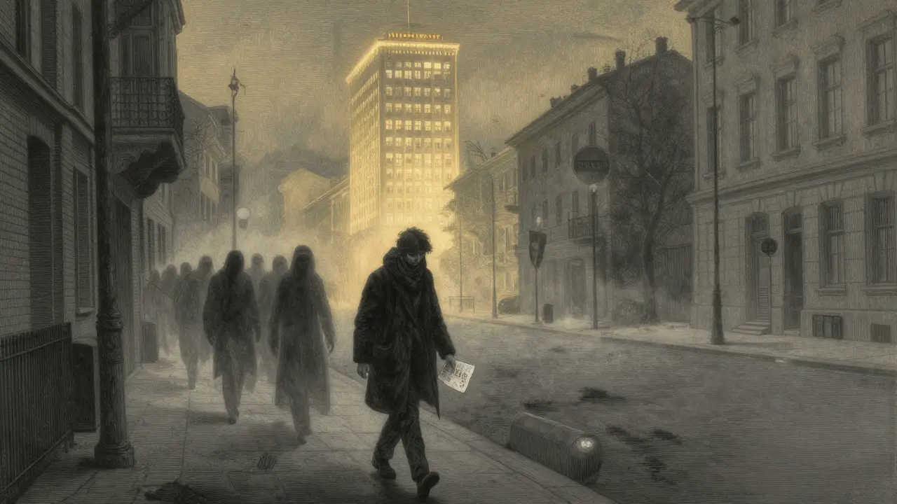 Osamělý člověk kráčí k útěchu v mlze, za ním mizí stíny, vpředu září krizové centrum.