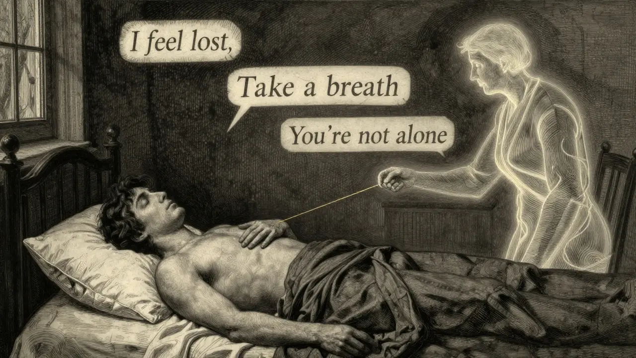 Osoba leží na posteli, z jejího hrudníku vede zlatá nit k neviditelnému terapeutovi, kolem nich letí slova z rozhovoru.